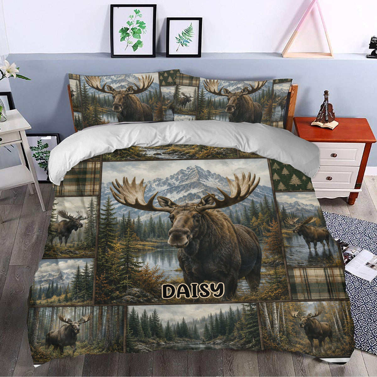 Rustic moose duvet cover set styled in a bedroom with mountain scenery, pine forest, and plaid details