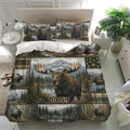 Moose duvet cover bedding set styled in a bright bedroom with matching pillows and woodland lodge artwork