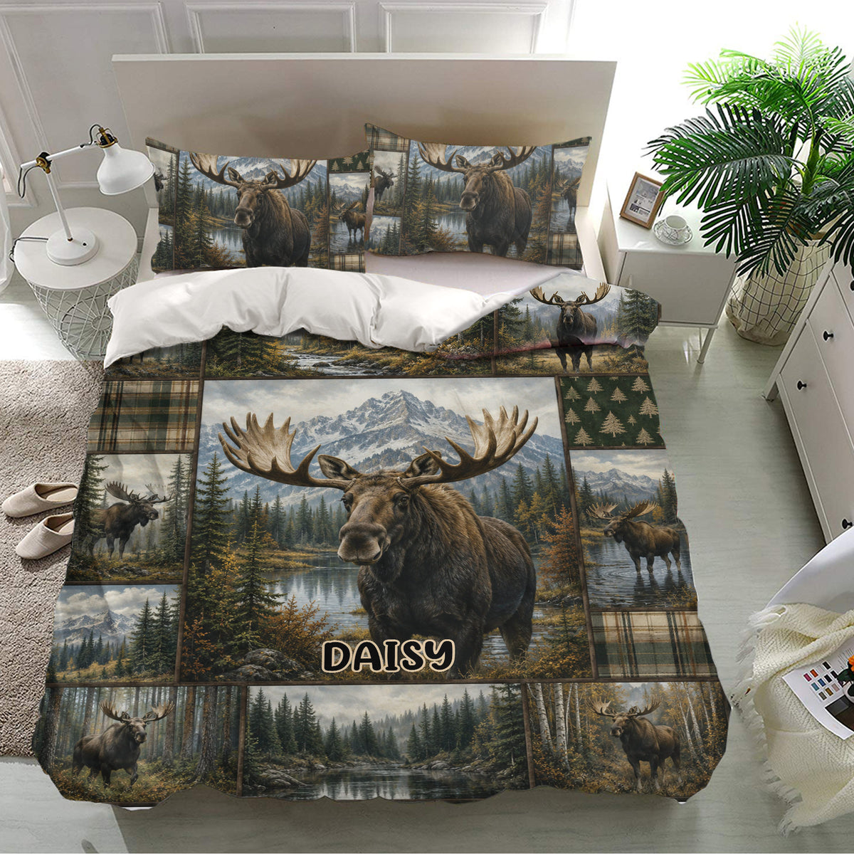 Moose duvet cover bedding set styled in a bright bedroom with matching pillows and woodland lodge artwork