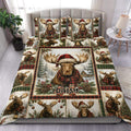 Moose Christmas duvet cover set displayed on a bed with plaid accents, pine greenery, and snowy cabin scenes