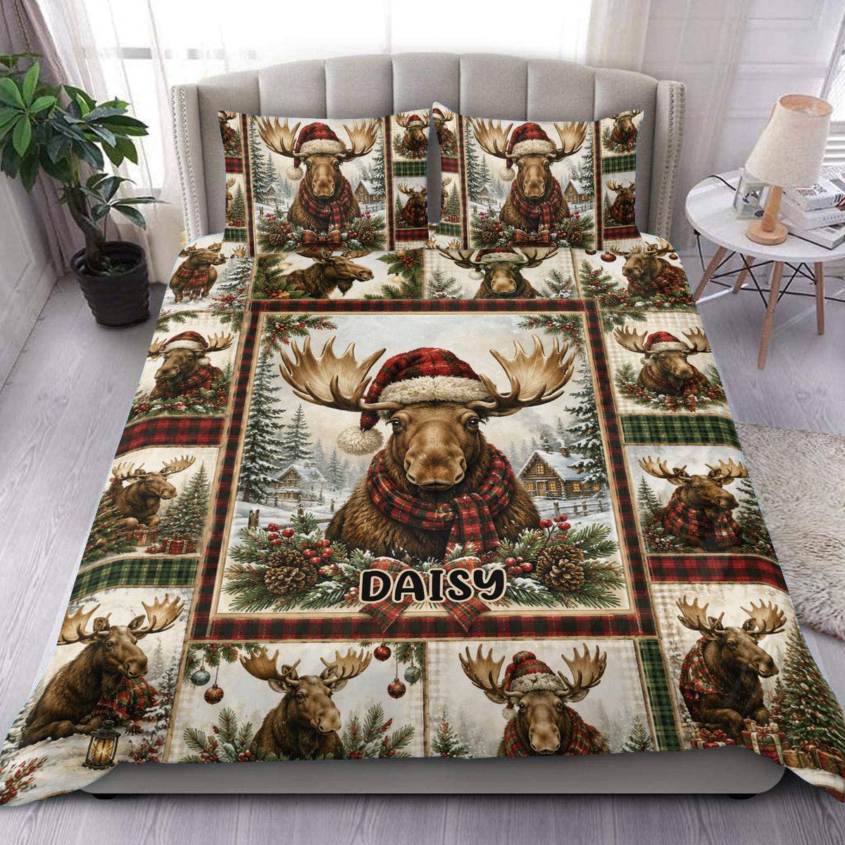 Moose Christmas duvet cover set displayed on a bed with plaid accents, pine greenery, and snowy cabin scenes