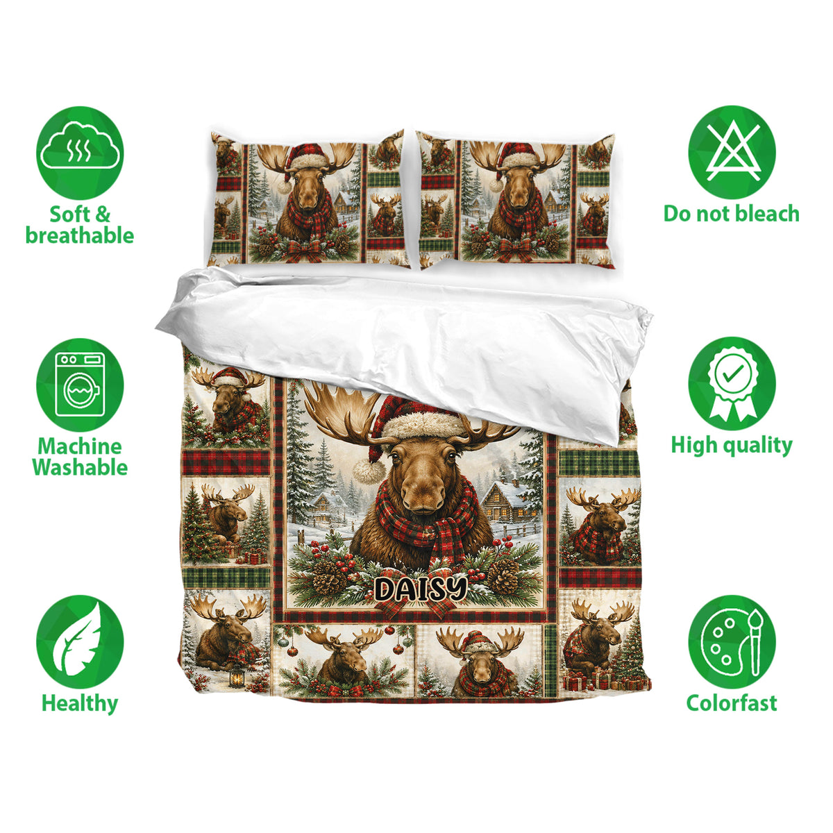 Moose Christmas bedding set with coordinating pillowcases, festive plaid panels, and a snowy woodland design