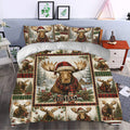 Moose Christmas duvet cover styled in a bedroom with festive plaid, evergreen branches, and snowy lodge artwork