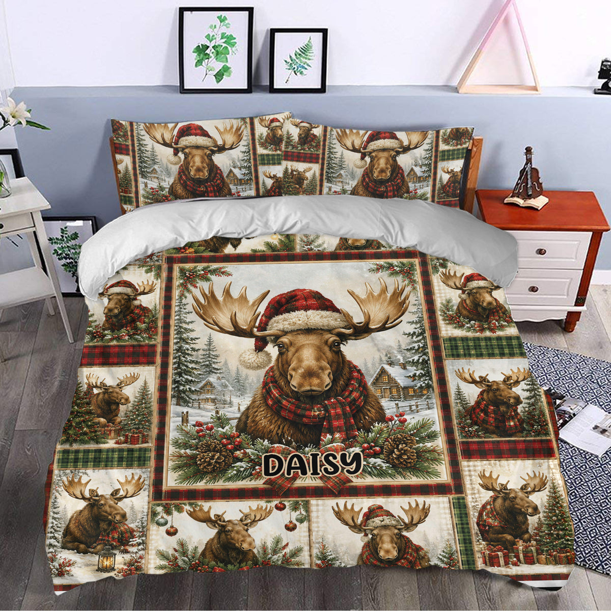 Moose Christmas duvet cover styled in a bedroom with festive plaid, evergreen branches, and snowy lodge artwork