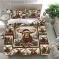 Moose winter bedding set presented in a bright bedroom with Santa hats, pine branches, gifts, and plaid details