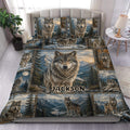 Wolf duvet cover set displayed on a bed with mountain scenery, forest panels, and a bold central wolf design