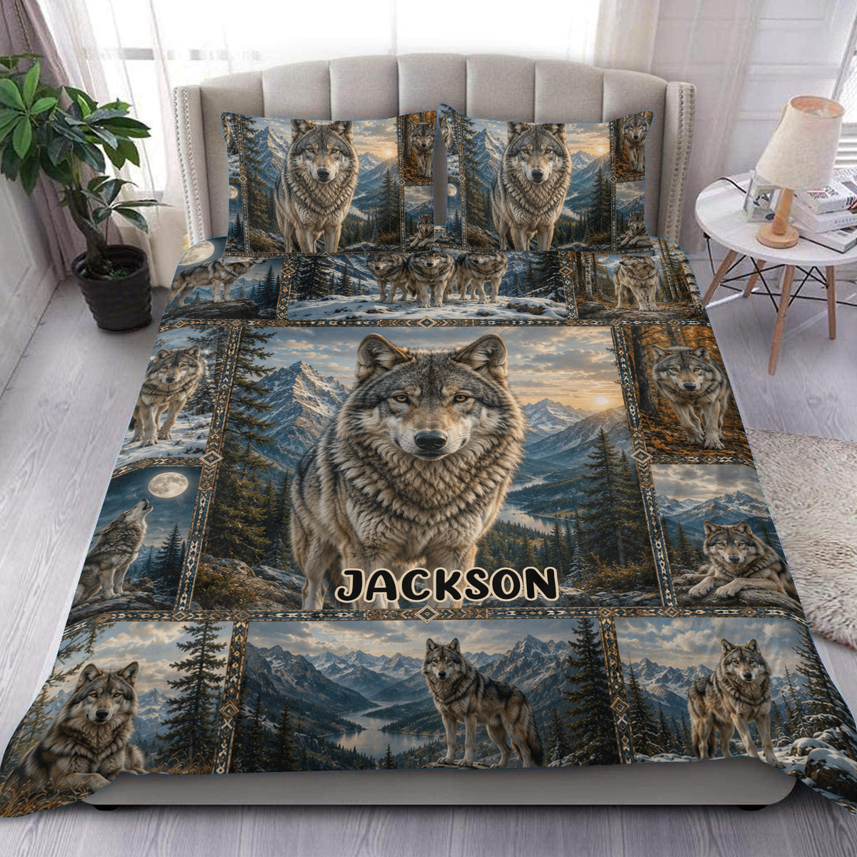 Wolf duvet cover set displayed on a bed with mountain scenery, forest panels, and a bold central wolf design