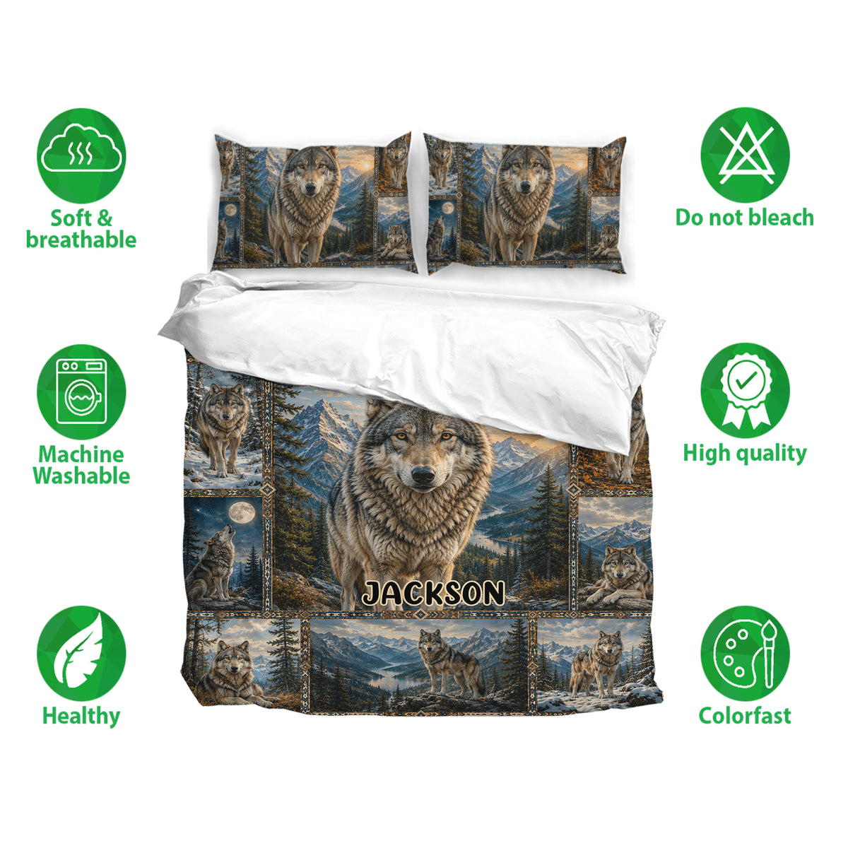 Wolf bedding set shown with matching pillowcases, soft breathable fabric, machine washable care, and vivid printing