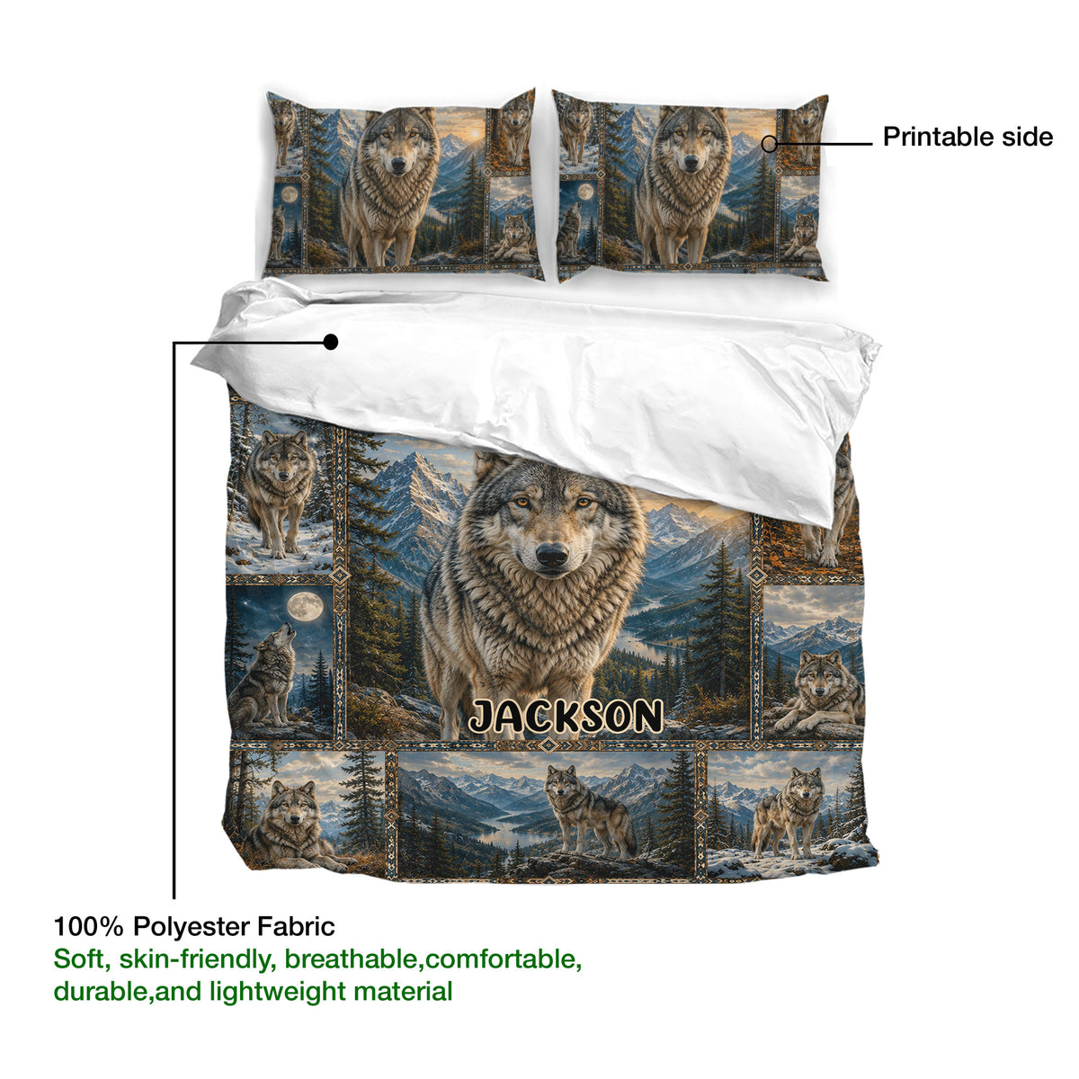 Wolf duvet cover set detail showing the printable side, soft polyester fabric, and mountain wildlife artwork