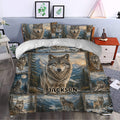 Wolf duvet cover bedding styled in a bedroom with mountain landscapes, forest scenes, and repeated wolf artwork