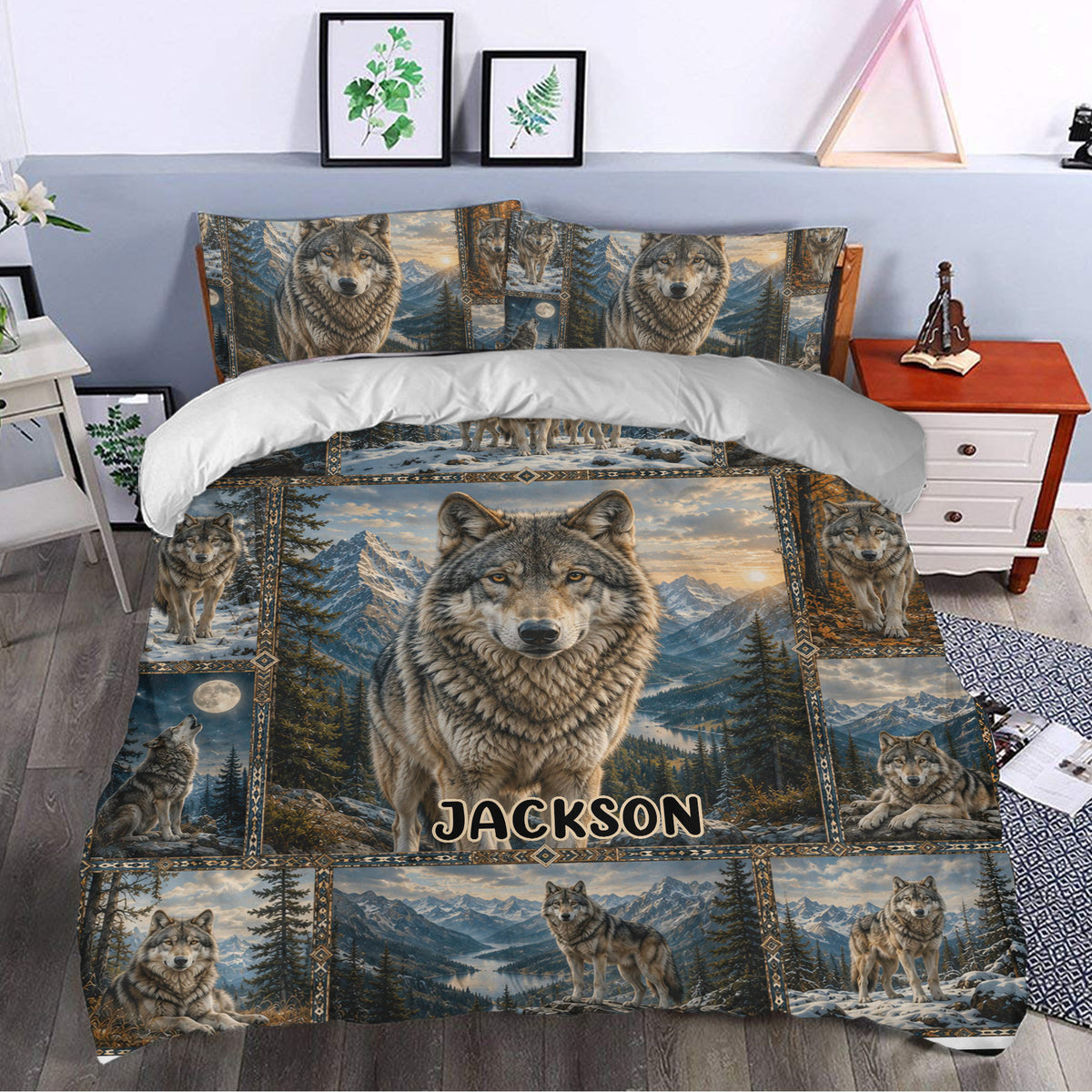 Wolf duvet cover bedding styled in a bedroom with mountain landscapes, forest scenes, and repeated wolf artwork