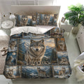 Rustic wolf bedding set displayed in a bright bedroom with matching pillowcases and scenic mountain artwork