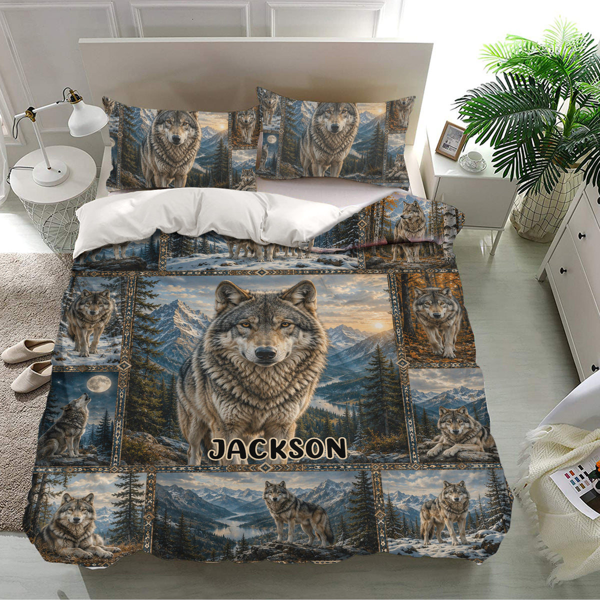 Rustic wolf bedding set displayed in a bright bedroom with matching pillowcases and scenic mountain artwork
