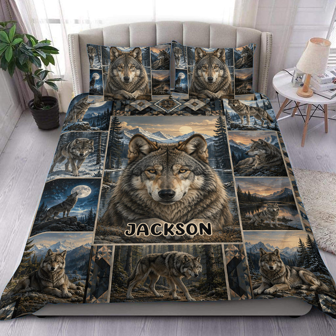 Wolf duvet cover bedding set displayed on a bed with mountain, forest, moonlight, and geometric panel artwork