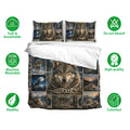 Wolf bedding set presentation with matching pillowcases and a detailed forest and mountain wildlife design