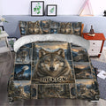 Rustic wolf duvet cover bedding set styled in a bedroom with mountain scenery and moonlit forest artwork