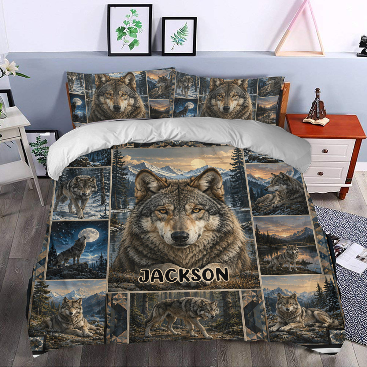 Rustic wolf duvet cover bedding set styled in a bedroom with mountain scenery and moonlit forest artwork