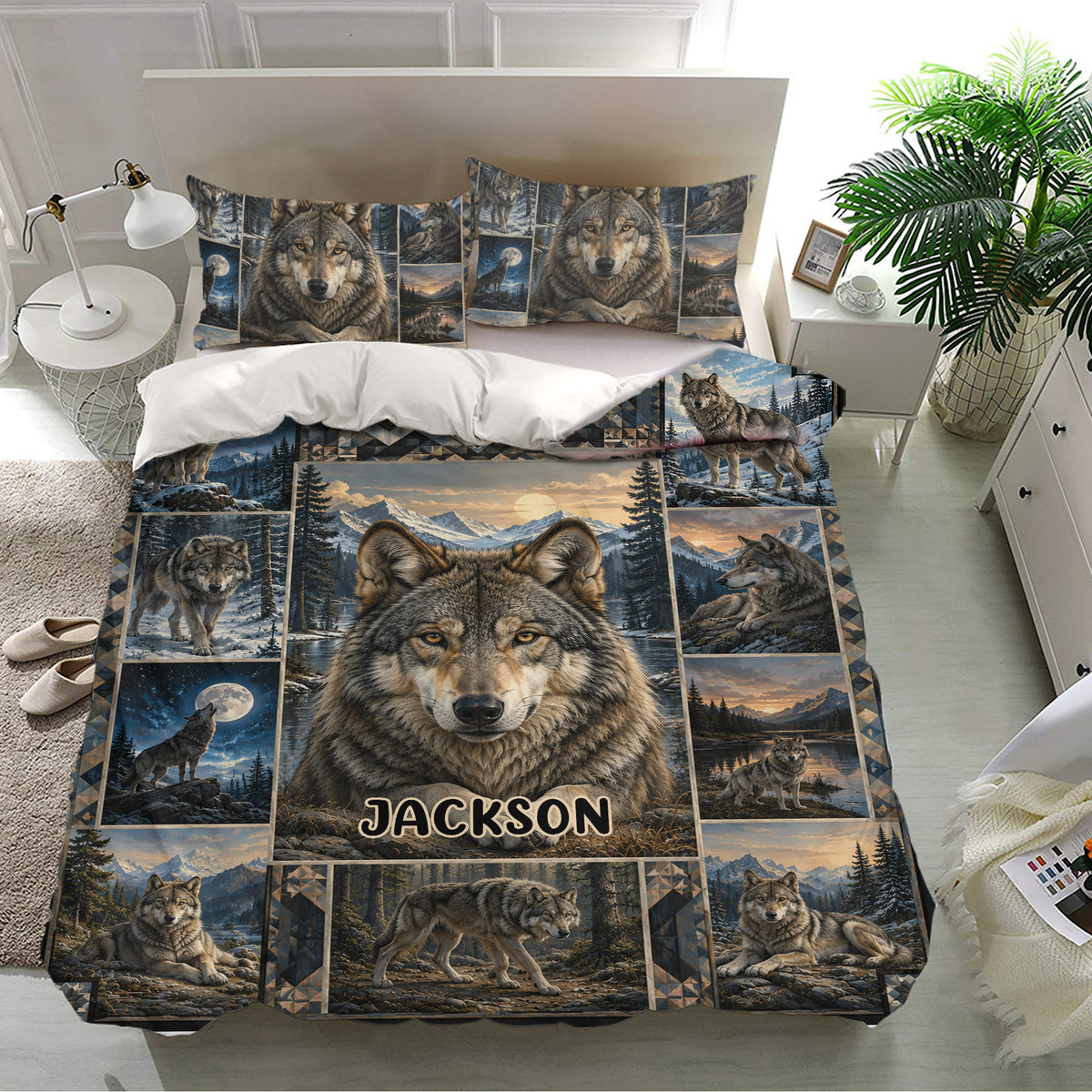 Wolf bedding set on a modern bed featuring realistic wildlife scenes, mountains, pine trees, and warm earthy tones