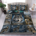 Wolf duvet cover set displayed on a bed with a dramatic collage of wolves, mountains, forests, and moonlit skies