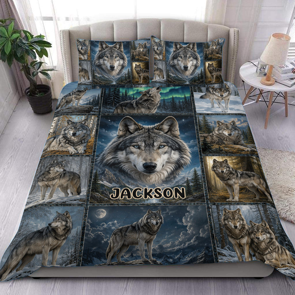 Wolf duvet cover set displayed on a bed with a dramatic collage of wolves, mountains, forests, and moonlit skies