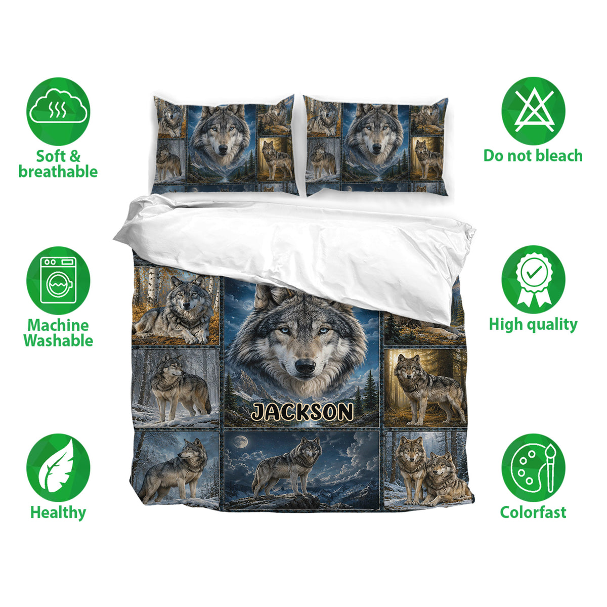 Wolf bedding set shown with matching pillowcases, featuring realistic wolf portraits in blue, gray, and woodland tones