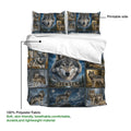Wolf duvet cover artwork guide showing a printed side, soft polyester fabric, and a detailed wilderness collage