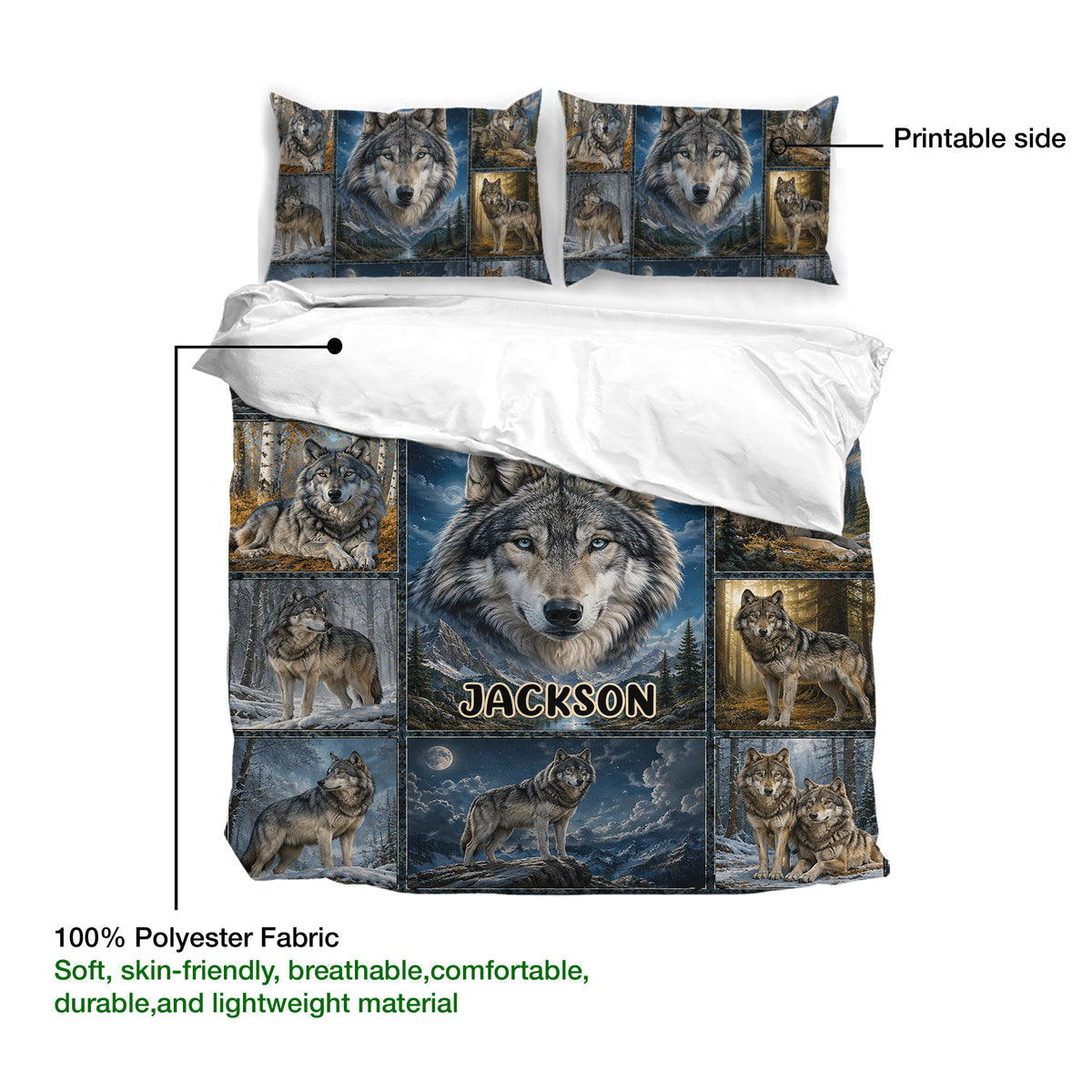 Wolf duvet cover artwork guide showing a printed side, soft polyester fabric, and a detailed wilderness collage