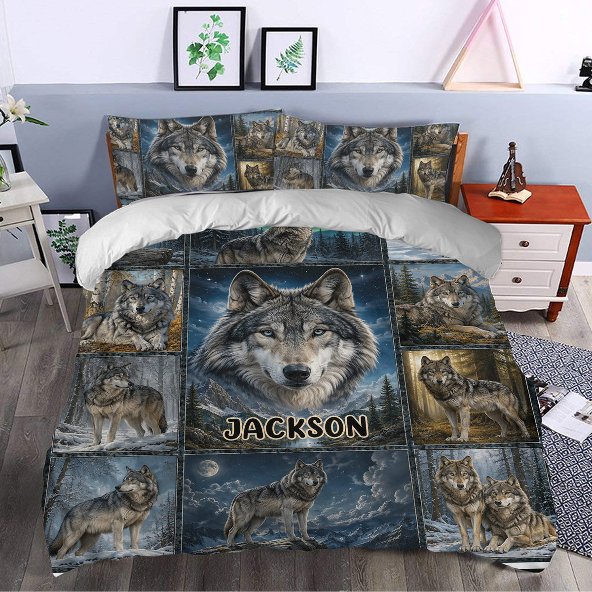 Wolf duvet cover styled in a bedroom with a large central wolf portrait, forest scenes, and rustic blue-gray decor