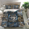Wolf bedding set presented in a bright bedroom with matching pillowcases and a collage of wolves in natural landscapes