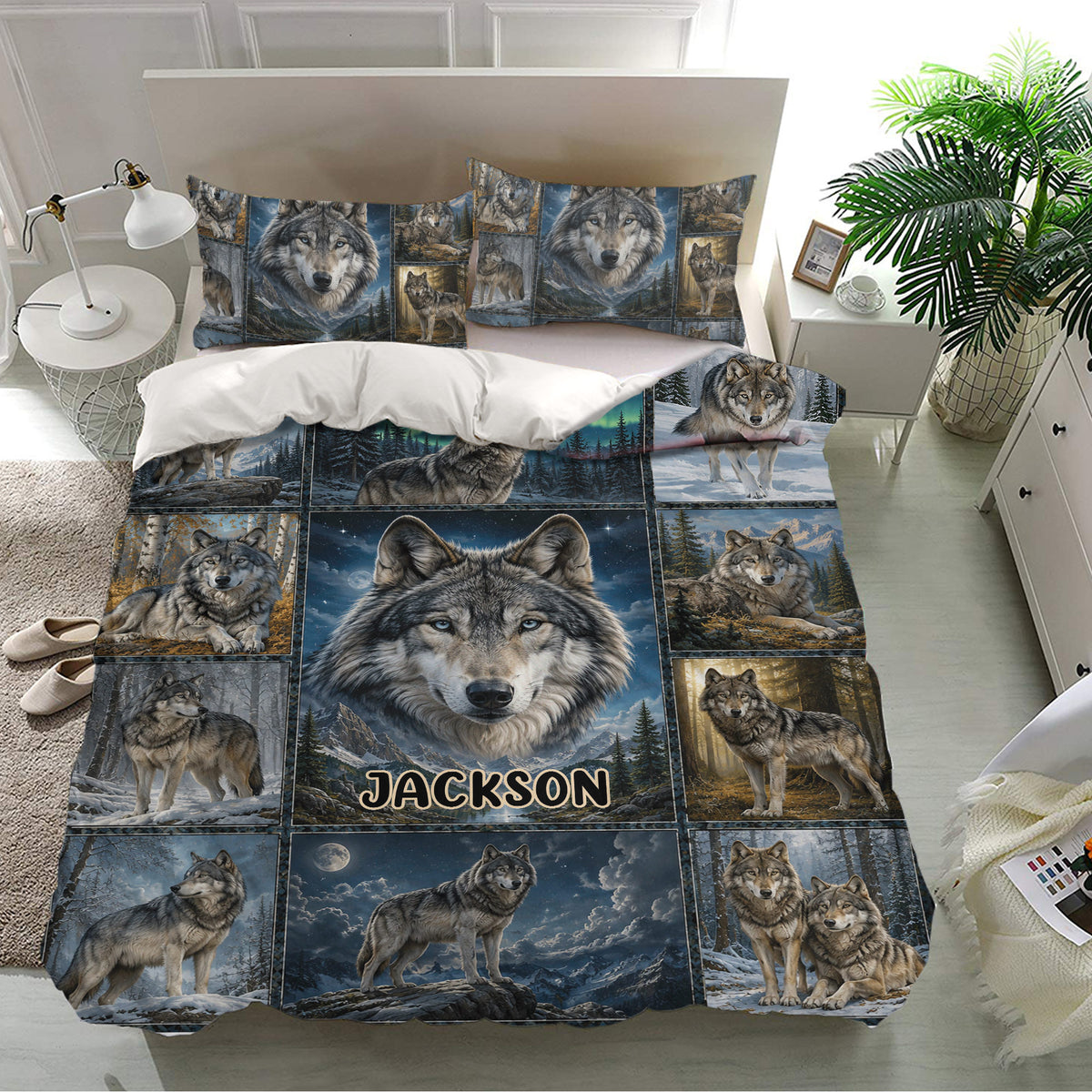 Wolf bedding set presented in a bright bedroom with matching pillowcases and a collage of wolves in natural landscapes