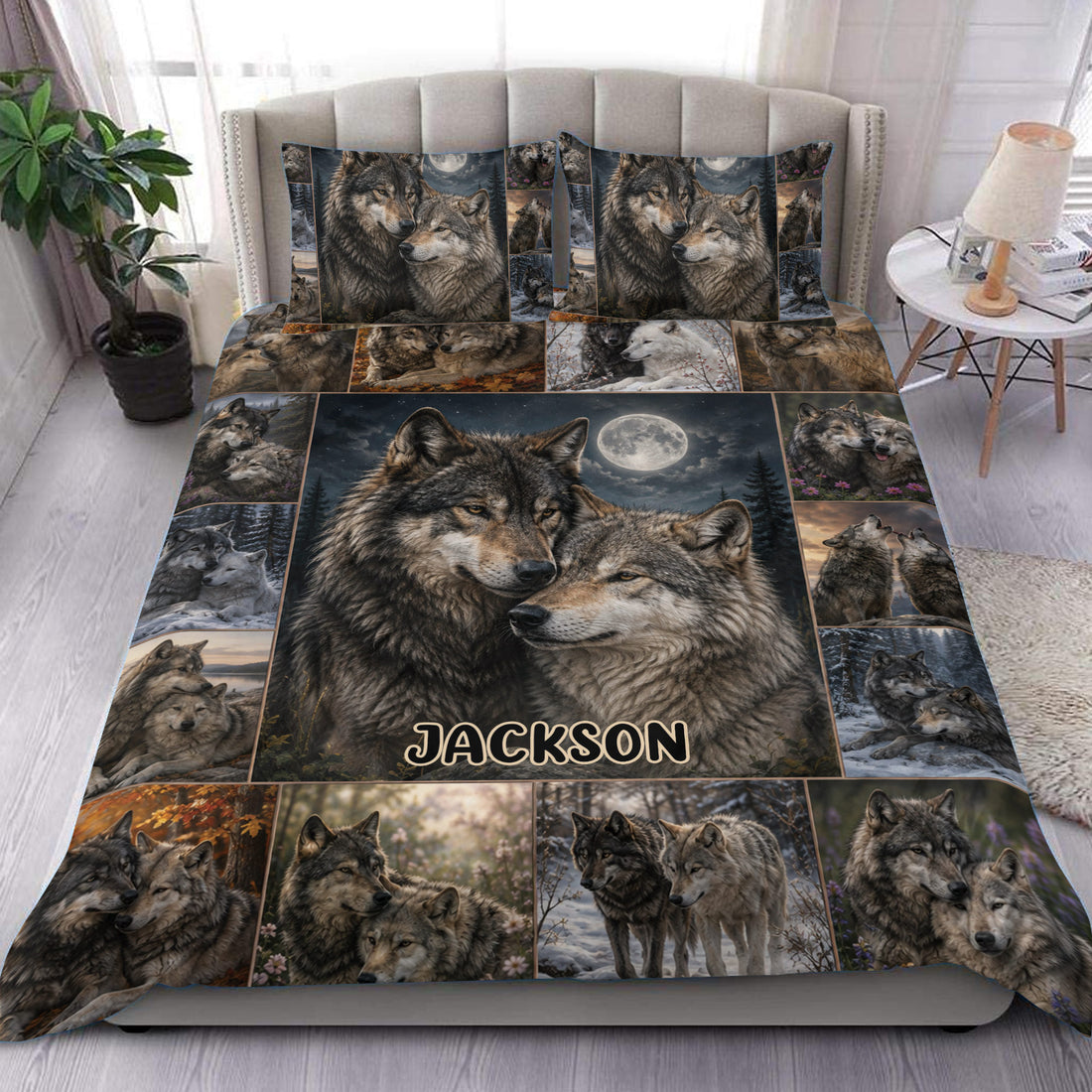 Wolf duvet cover set displayed on a bed with a moonlit forest collage and paired wolves