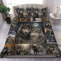 Wolf duvet cover set displayed on a bed with a moonlit forest collage and paired wolves