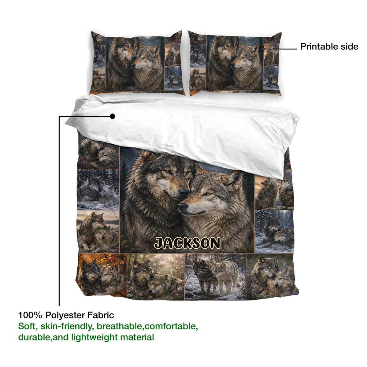 Wolf duvet cover and pillowcases showing the printed side and lightweight polyester fabric