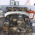 Wolf duvet cover bedding set styled in a bedroom with moonlit forest and wildlife artwork