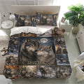 Wolf bedding set presented in a bright bedroom with matching pillowcases and detailed wolf collage