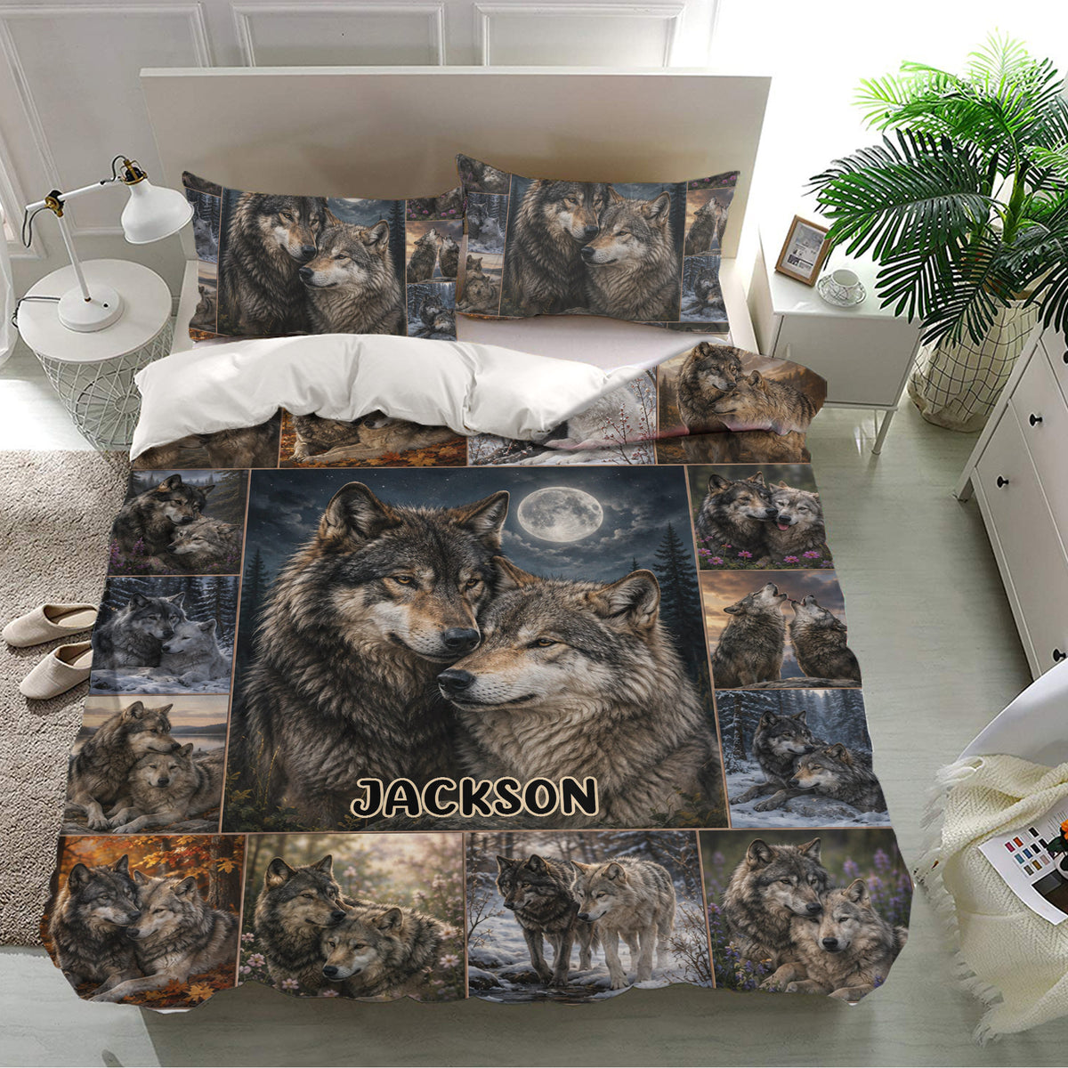 Wolf bedding set presented in a bright bedroom with matching pillowcases and detailed wolf collage