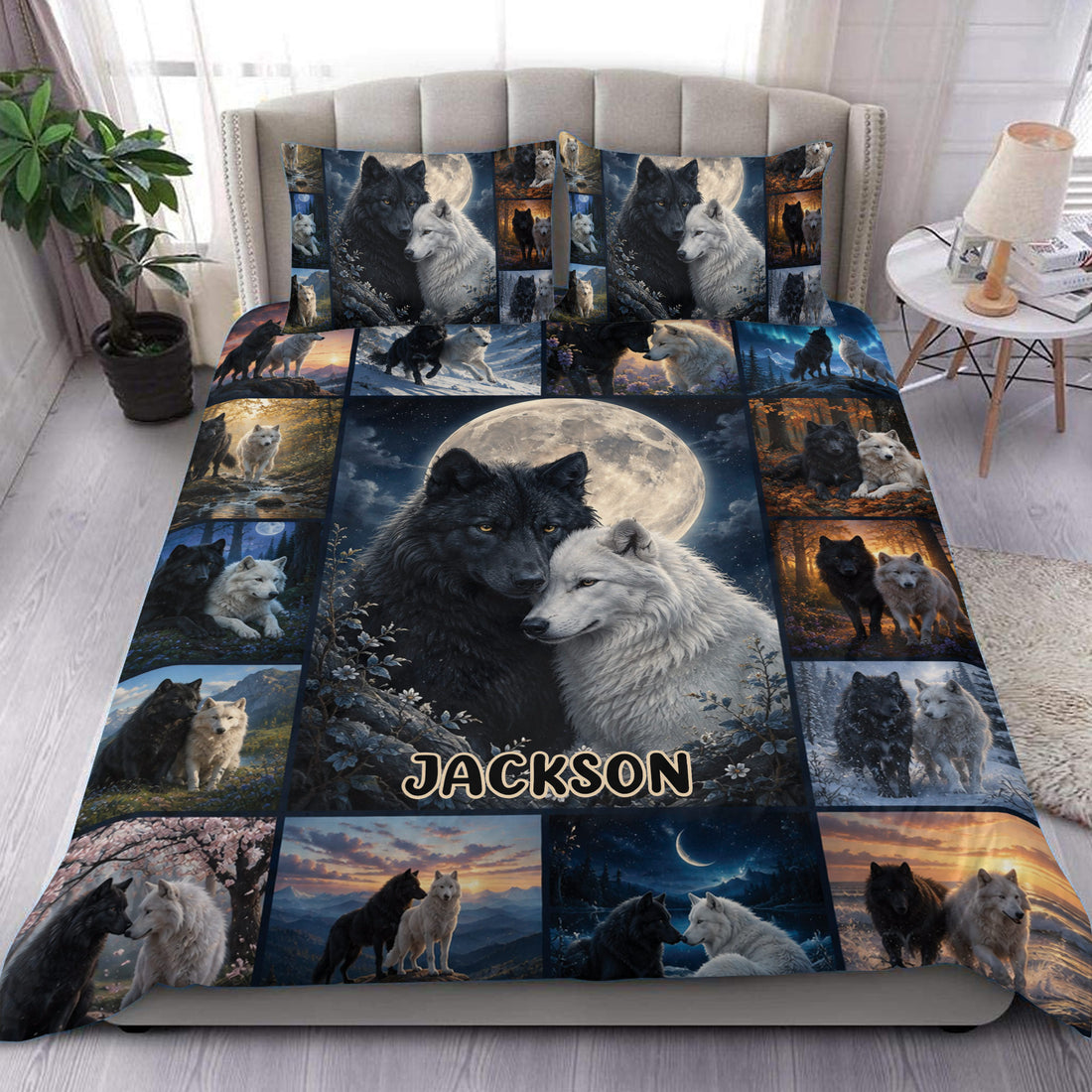 Wolf duvet cover set displayed on a bed with black and white wolves, moonlit scenes, and forest panels