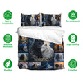 Wolf duvet cover bedding set shown with matching pillowcases and a scenic black and white wolf design