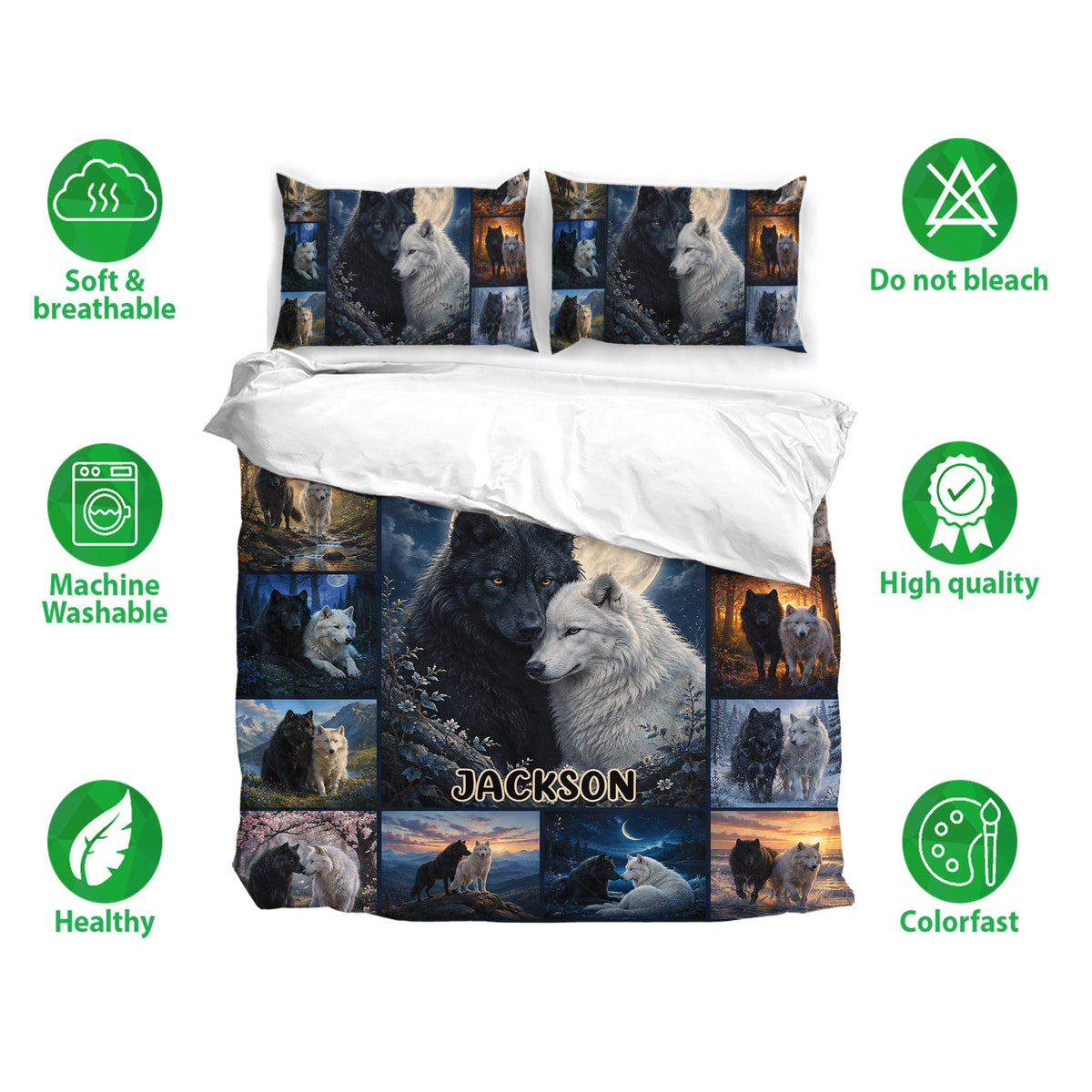 Wolf duvet cover bedding set shown with matching pillowcases and a scenic black and white wolf design