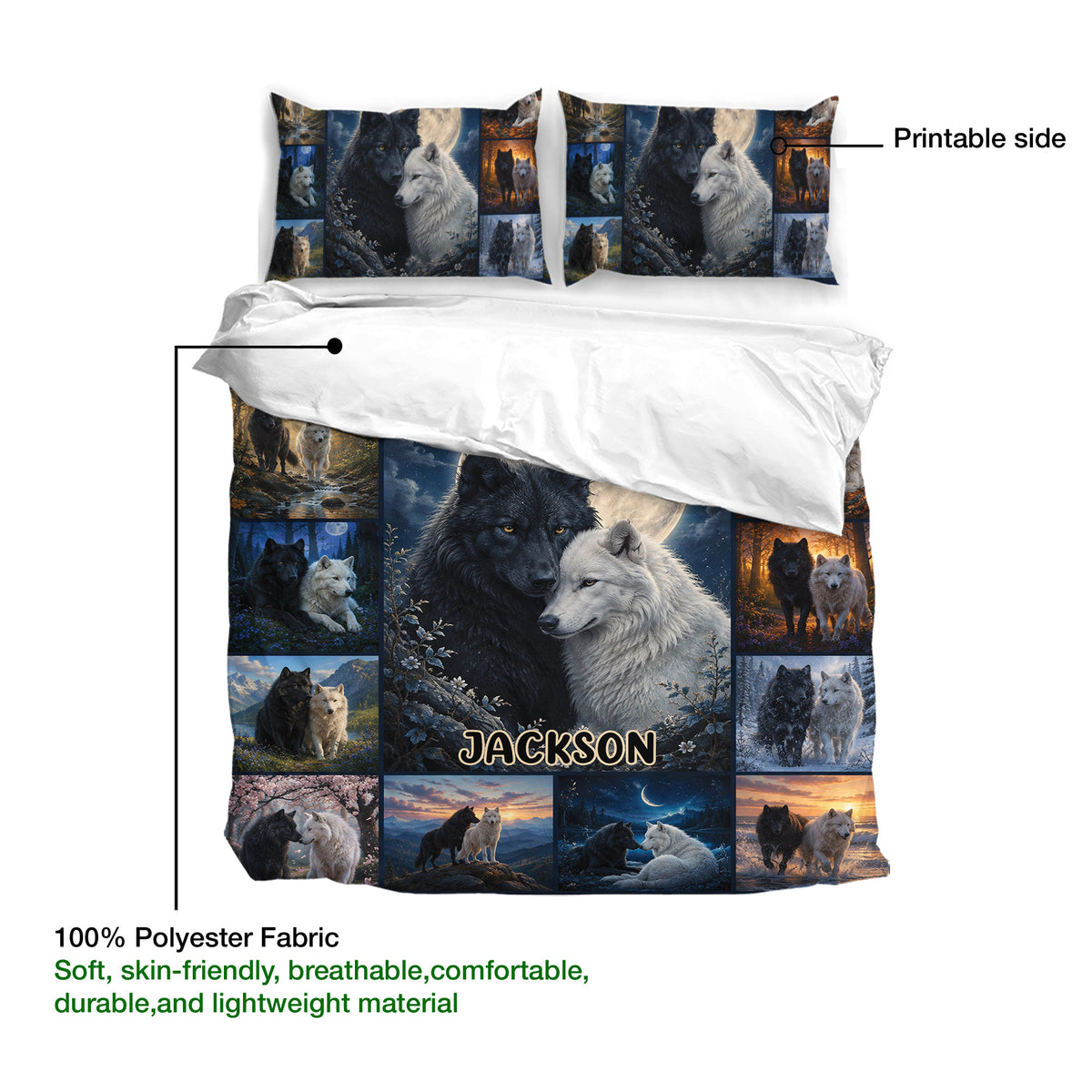 Wolf duvet cover set product view showing the printed side, soft fabric, and detailed woodland artwork