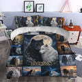 Wolf duvet cover set styled in a bedroom with moonlit wolf artwork and scenic forest panels