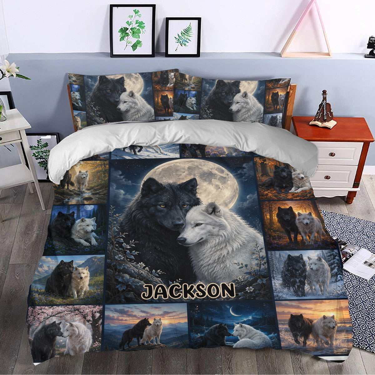 Wolf duvet cover set styled in a bedroom with moonlit wolf artwork and scenic forest panels