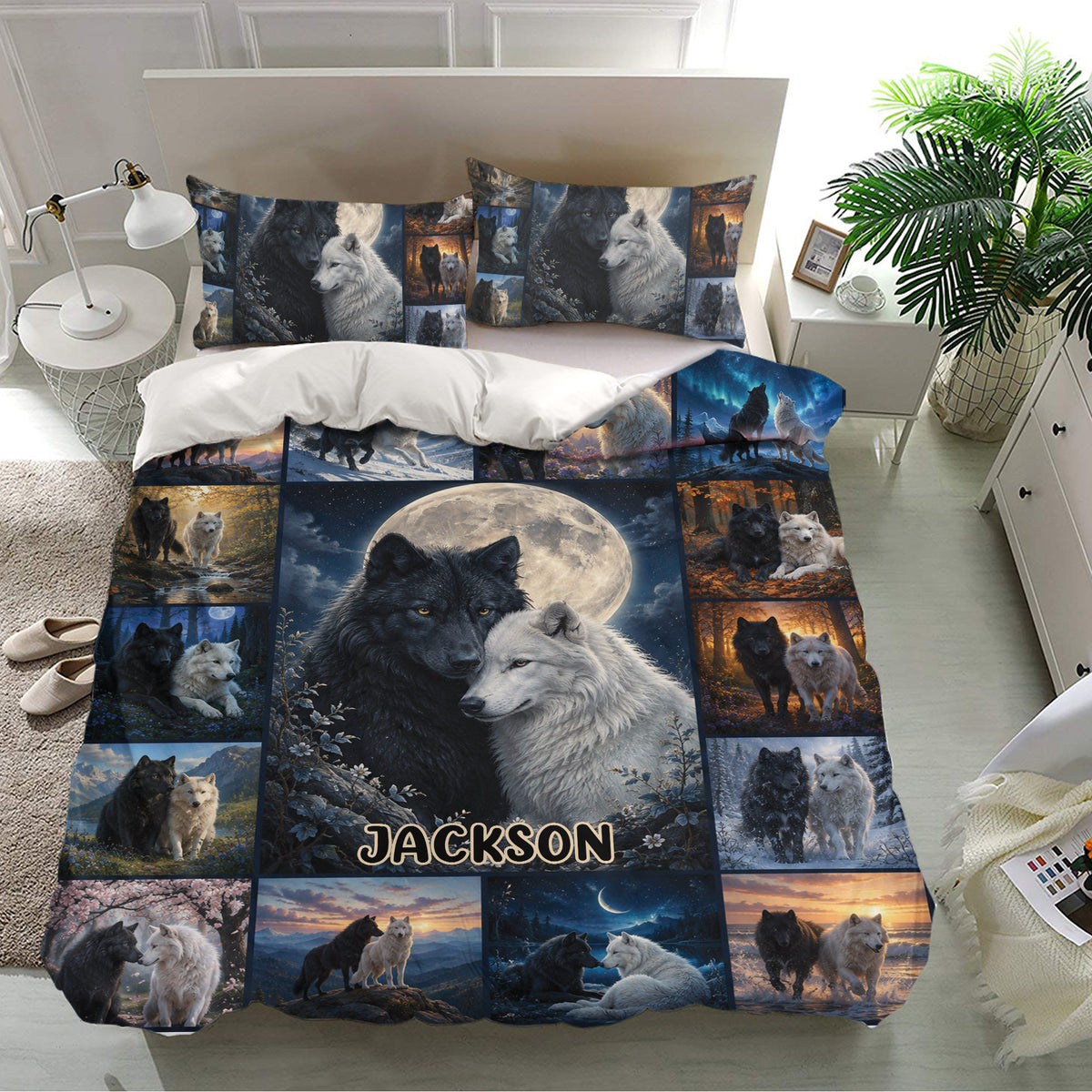Wolf duvet cover bedding set displayed in a modern bedroom with matching wolf pillowcases