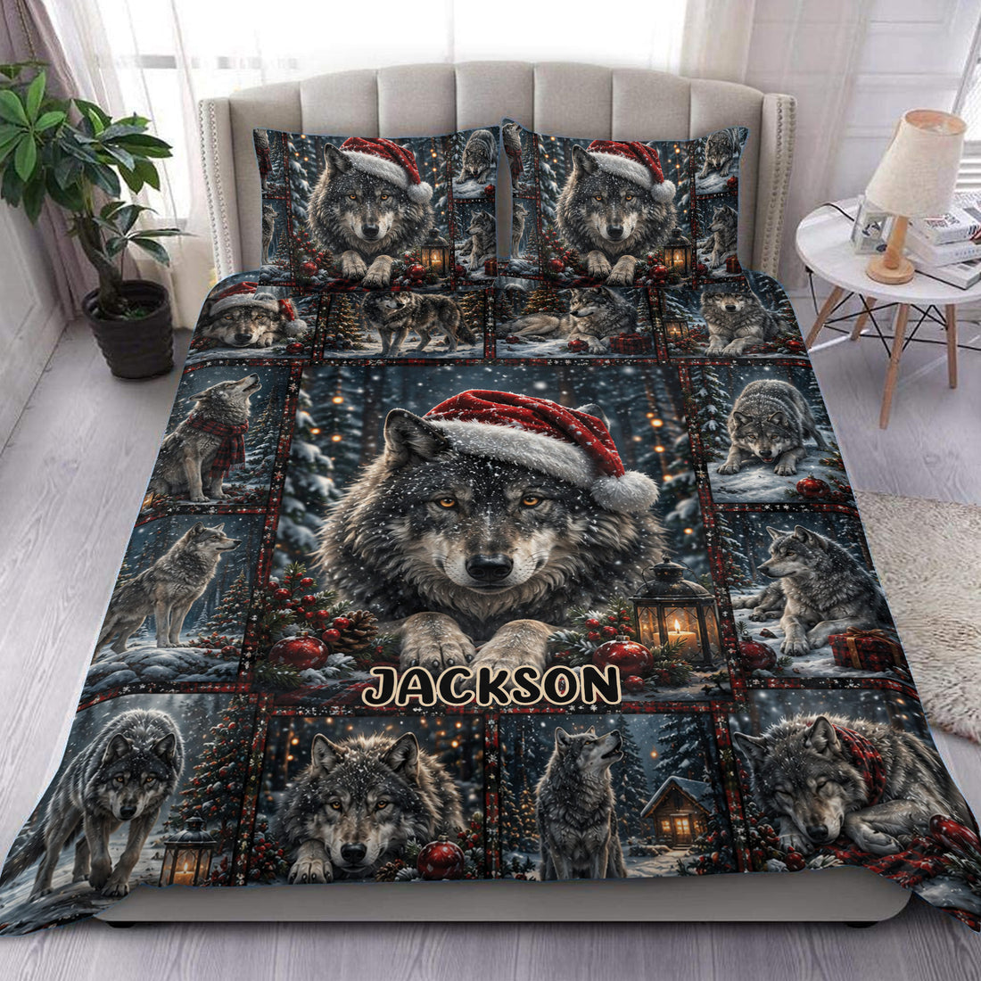 Wolf duvet cover set displayed on a bed with snowy forest scenes, holiday accents, and a bold central wolf