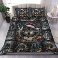 Wolf duvet cover set displayed on a bed with snowy forest scenes, holiday accents, and a bold central wolf