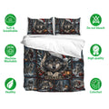Wolf bedding set shown with matching pillowcases, snowy holiday artwork, and a soft breathable fabric feature