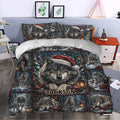 Wolf duvet cover set styled in a bedroom with snowy forest artwork, red holiday accents, and wildlife scenes