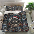 Wolf bedding set displayed in a bright bedroom with matching pillowcases and detailed winter forest artwork