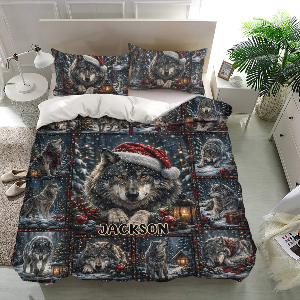 Wolf bedding set displayed in a bright bedroom with matching pillowcases and detailed winter forest artwork