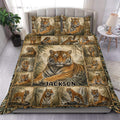Tiger duvet cover bedding set displayed on a bed with a central tiger portrait and wildlife collage design